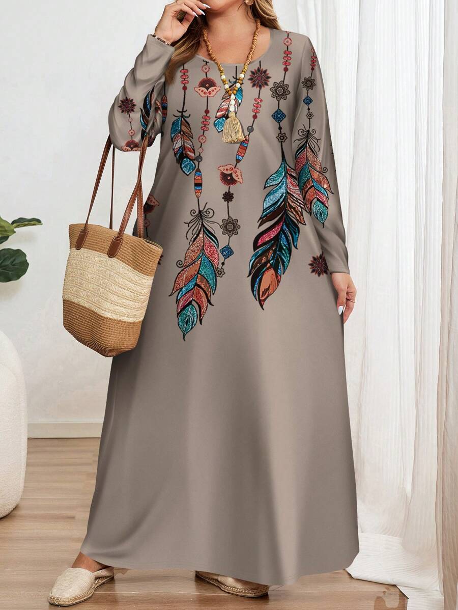 EMERY ROSE Đầm thường ngày cổ tròn tay dài họa tiết lông vũ cổ điển cỡ lớn cho nữ, phù hợp cho mùa thu/đông - Nhiều màu - Xem 1