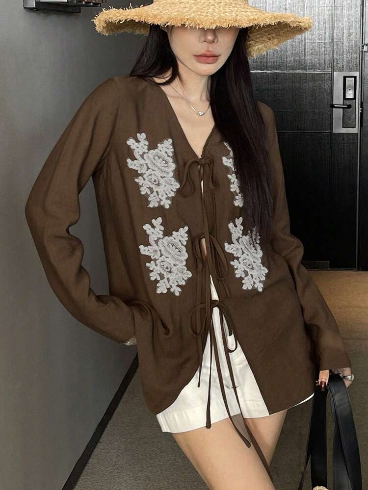 Women's Tailored Embroidered Casual & Resort Long Sleeve V-Neck Tie-Front Shirt, Spring/Summer,Fall Clothes Graphic Tee