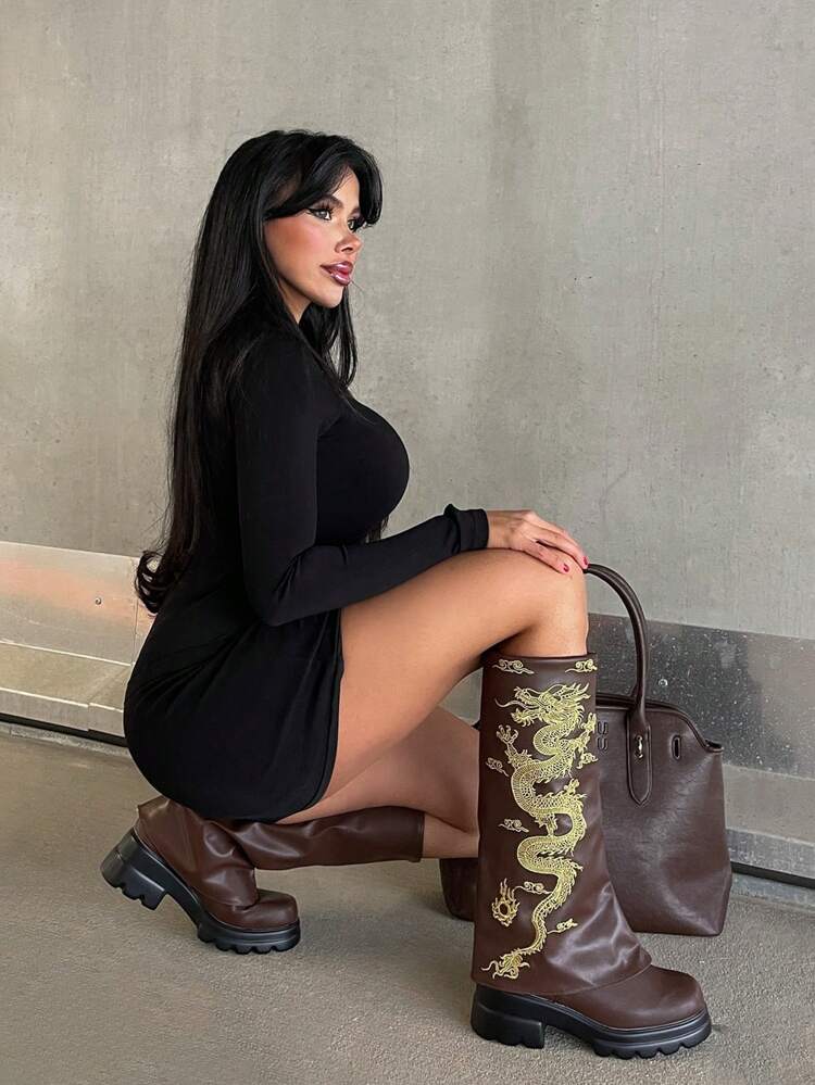 CUCCOO GRLICON Women's Dragon Embroidered Over-The-Knee Boots, Y2K Punk Style, Suitable For Halloween, Christmas, Party Outfits