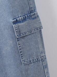 Tween Boys 2 Pieces Denim Set: Washed Light Blue Loose Fit Pocket Decor Short Sleeve Top Paired With Loose Straight Leg Denim Shorts, Fashionable Street Style Denim Outfit - Medium Wash - View 5