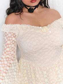 ROMWE Kawaii Plus Size Sweet Palace Style Lace Off Shoulder Flare Sleeve Dress