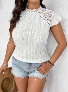 SHEIN Frenchy Plus Size Solid Color Shell Trim Hollow Casual Loose Blouse, Everyday Wear