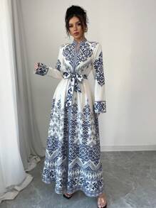 Elenzga Long Sleeve Fitted Waist Long Dress For Women