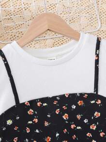 Tween Girls' Ditsy Floral Patchwork Solid Color Round Neck Casual 2 In 1 Short Sleeve Dress - Black - View 4