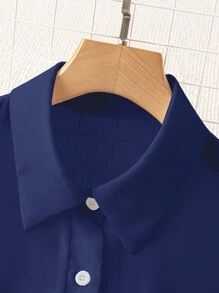SHEIN Franclia Navy Blue Transparent Shirt: Minimalist Button-Up Collared Long Sleeve Blouse For Women Fall Cloth For Women - Blue - View 5