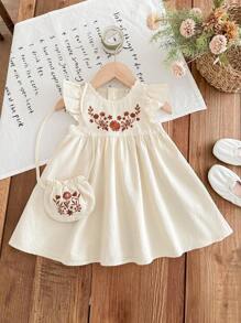 LMoss Kids LMoss Baby Girl Woven Embroidered Round Neck Ruffle Hem Dress With Diagonal Shoulder Bag,Sisters Outfit,Suitable For Spring And Summer