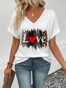 SHEIN LUNE Women's V-Neck Ruffle Cuff Leopard Print Heart Pattern Casual Versatile T-Shirt - White - View 4