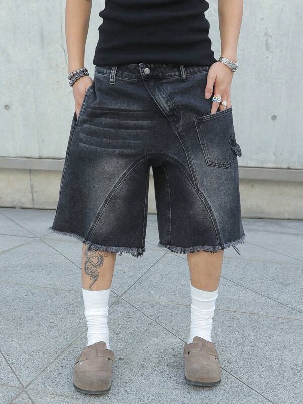 Manfinity Streetrush Men's Front Button Pocket Frayed Edge Simple Casual Black Denim Shorts Jorts, Men's Denim Shorts, Loose Jeans Shorts Men, Men's Washed Denim Shorts, Fringe Denim Shorts Men