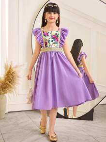 SHEIN Leap Crew Tween Girls Casual Vacation Floral Patchwork Webbing Decor Cap Sleeve Mid-Length Woven Dress - Mauve Purple - View 3
