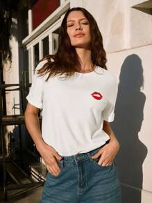 SHEIN Frenchy 女士唇印圆领短袖休闲 T 恤 - 白色 - 查看 4