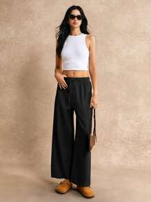 SHEIN Frenchy Knot Waist Palazzo Trousers - Black - View 3