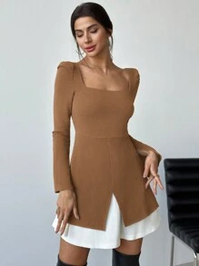 SHEIN Privé 优雅女士时尚复古风格拼色方领开衩长袖 A 字迷你连衣裙，秋季 - 卡其色 - 查看 5