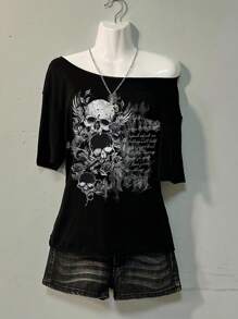 Attitoon Casual Loose Fit Women's T-Shirt Suitable For Summer, Punk Dark Skull Graphic And Gothic English Text Print, Y2K Style Back To School