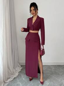 Chiquease Premium Quality Sophisticated Chic Business/Office Wear Purple Woven Fabric V-Neck Dropped Shoulder Regular Long Sleeve Short Crop Top With High Waist Fake Pocket Straight Slit Side Early Spring New Women Suit Set Fall Cloth For Women