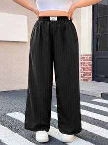 SHEIN EZwear Plus Size Black Straight Loose Fit Casual Long Pants, Minimalist & Stylish For Daily Wear