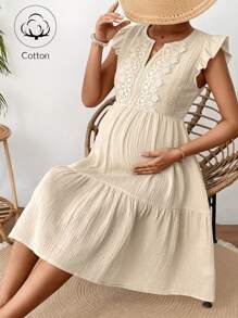 SHEIN Maternity Casual Solid Color Lace Trim Cap Sleeve Dress - Khaki - View 6