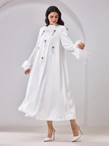 Al Najma 女式立领长袖人造毛皮拼接阿拉伯长裙，简约、端庄 - 白色 - 查看 6