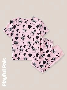 SHEIN Young Girl Round Neck Short Sleeve Graphic Print Simple Top And Leggings Casual Homewear Set - Multicolor - View 4