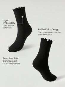 GLOWMODE Comfy Flex Seamless Toe Construction Embroidered Ruffle Socks Daily Casual - Black - View 5