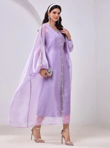 Al Najma Women's Bat-Sleeve Spliced Rhinestones Belted Elegant Turkish Style Dress Kaftan Jalabiya Dress - Mauve Purple - View 8