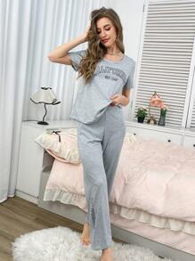 Conjunto de pijama de 2 piezas para mujer con parte superior de manga corta de cuello redondo con estampado de letras y pantalón largo - Gris - Ver 4