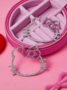 HELLO KITTY AND FRIENDS | SHEIN 水钻镂空猫图案大号环状耳环 - 彩色 - 查看 4