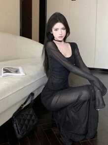 DAZY Women Net Patchwork Crop Top And Skirt 2 Pieces Set, Spring/Summer - Black - View 5