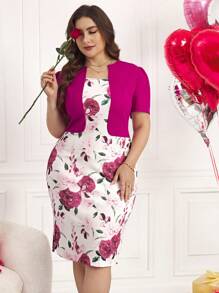 SHEIN Clasi 春季花卉印花针织弹力连衣裙，二合一大码女士休闲优雅浪漫连衣裙，适合日常穿着和情人节连衣裙优雅连衣裙浪漫连衣裙女士夏季连衣裙女士夏季连衣裙优雅女士连衣裙女士春季连衣裙 - 玫紅色 - 查看 5