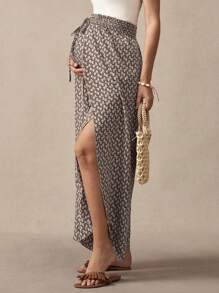 SHEIN Maternity Front Tie Allover Print Split Hem Casual Skirt - Multicolor - View 5