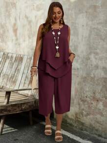 EMERY ROSE Completo da donna taglie forti con top viola smanicato semplice e pantaloncini capri, 2 pezzi, abbigliamento da vacanza, stile bohémien, outfit estivi per donna - Viola rosso - Visualizzare 3