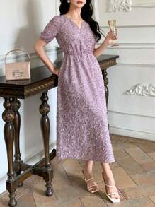 DAZY Women Textured Fabric Short Sleeve Waist Shaping Dress Sundress - Purple - View 5