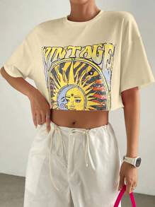 SHEIN EZwear 女士圆领短袖印花休闲衬衫，日常穿着