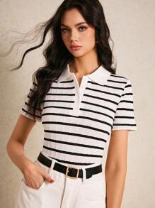 Poéselle Women's Front Button Short Sleeve Striped Casual Blouse, Daily Wear,Classic Black And White Striped Short Sleeve Polo Shirt,Fashionable Women's Black And White Striped Polo Shirt - Black and White - View 7