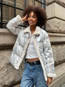 SHEIN EZwear Women's Silver Plush Casual Jacket, Simple & Fashionable For Daily Wear In Winter - Silver - View 4
