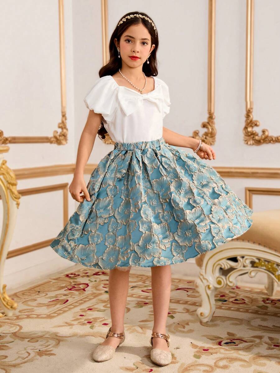 2pcs Tween Girls Solid Bow Decor Shirt And Floral Jacquard Mini Skirt Set - Green - View 1