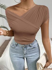 SHEIN Privé Women Solid Color Asymmetric Collar Short Sleeve Fitted T-Shirt - Khaki - View 6