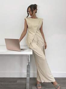 Siren Gaze 2pcs Women Sleeveless Plain Top And Long Pants Set, Simple Casual Daily Wear Summer - Apricot - View 2