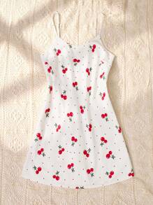 Flirla Vestido mini con tirantes con estampado de lunares y cerezas