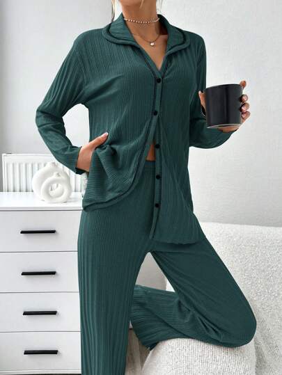 RueChic Long Sleeve Contrast Stitching Ribbed Pajama Set Cardigan view 5