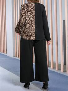 EMERY ROSE 2 món/Bộ trang phục áo sơ mi và quần chắp vá họa tiết da báo cỡ lớn cho nữ, mùa thu - màu nâu - Xem 2