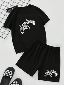 SHEIN Men's Casual Black Gamer Print Colorblock Round Neck Regular Sleeve Pajama Set With Pocket - Black - View 1