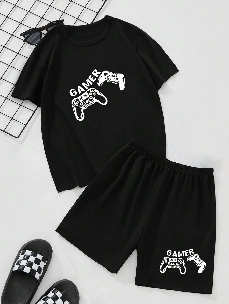 SHEIN Men's Casual Black Gamer Print Colorblock Round Neck Regular Sleeve Pajama Set With Pocket - Black - View 1