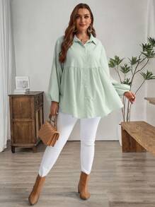 EMERY ROSE 大码冬季女式休闲条纹灯笼袖衬衫，度假风，波西米亚风，夏季女装 - 綠色 - 查看 5