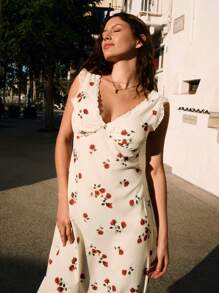 SHEIN Frenchy 女士花卉印花蕾丝拼接 V 领优雅中长连衣裙 - 白色 - 查看 3