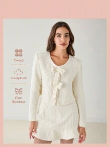 Enchnt 秋冬浪漫女士纯色蝴蝶结装饰长袖短款优雅杏色亮片粗花呢外套 - 白色 - 查看 2