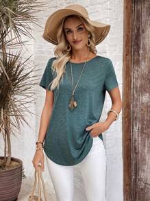 EMERY ROSE Women's Solid Color Simple Casual Everyday T-Shirt - Dark Green - View 2