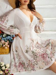 SHEIN Clasi Plus Size Women Floral Print V-Neck Lantern Sleeve Cooling Dress, Elegant Fashion Long Gown For Vacation, Early Spring, Stress Relief Outfit