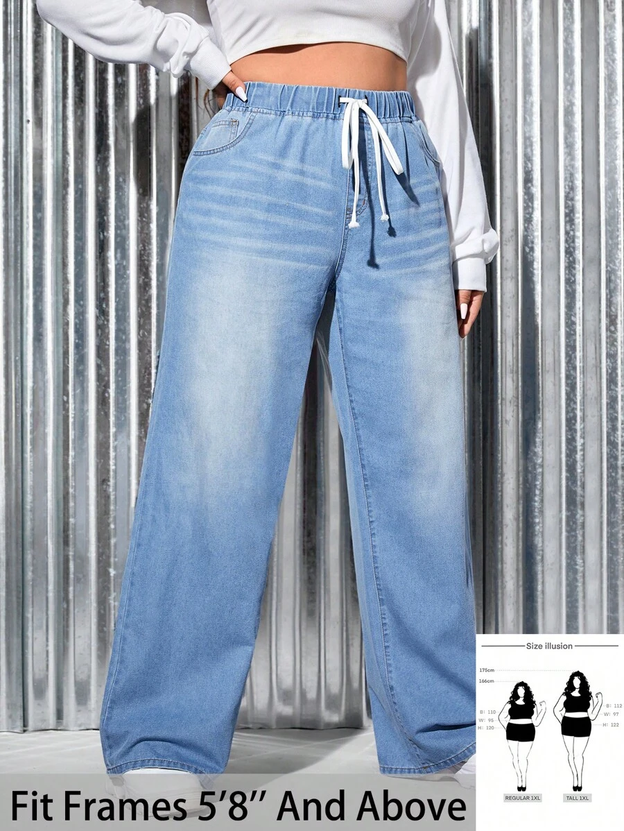 SHEIN Tall CURVE Plus Size Women Blue Loose Denim Wide-Leg Pants - Blue - View 1