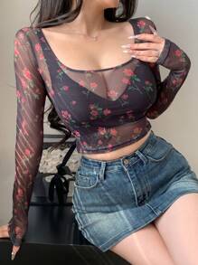 DAZY 情人节玫瑰与花卉印花透明网眼粉色短款方领长袖 T 恤女士节日、秋季服装