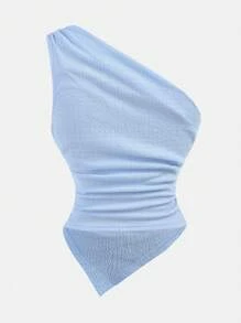 SHEIN Girlism 青少年女孩夏季浅蓝色不对称肩腰褶皱纹理不对称下摆收腰无袖吊带背心适合海滩度假